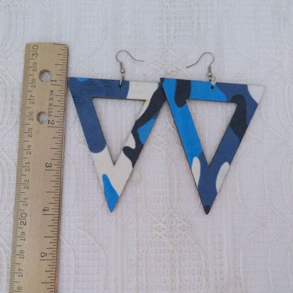 Inverted Triangle Blue Camo Dangle Earrings For Women 4 Inches - Picture 5 of 8